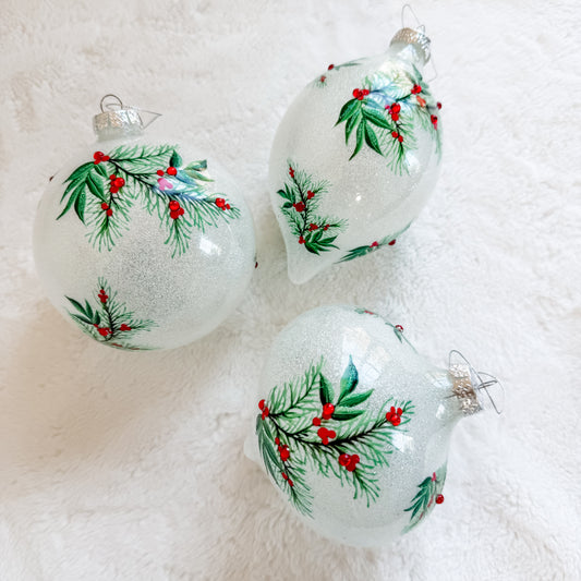 Set of 3 Hand painted Glass Holly Ornaments