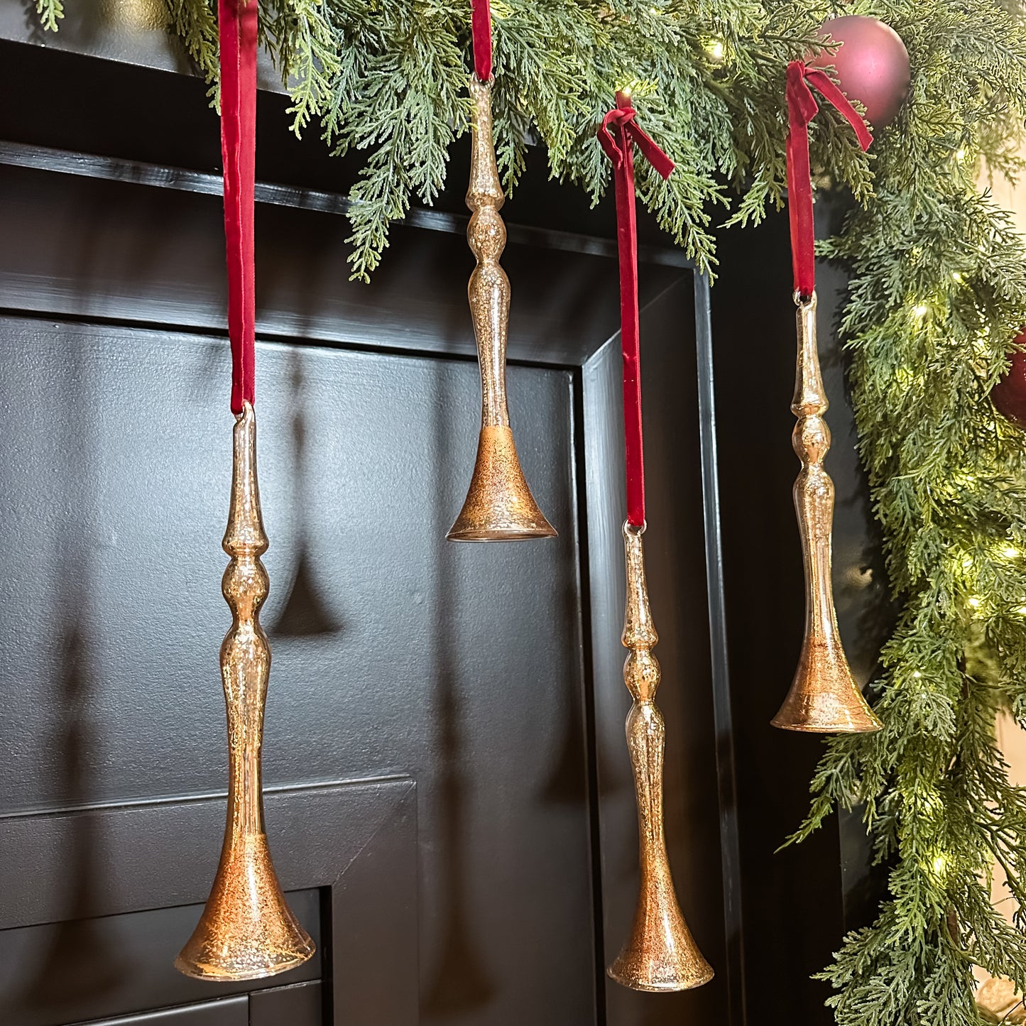 Set of 2 Antiqued Glass Horn  Ornaments