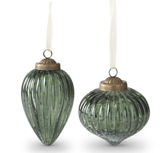 Set of 6 Evergreen Ribbed Glass Ornaments